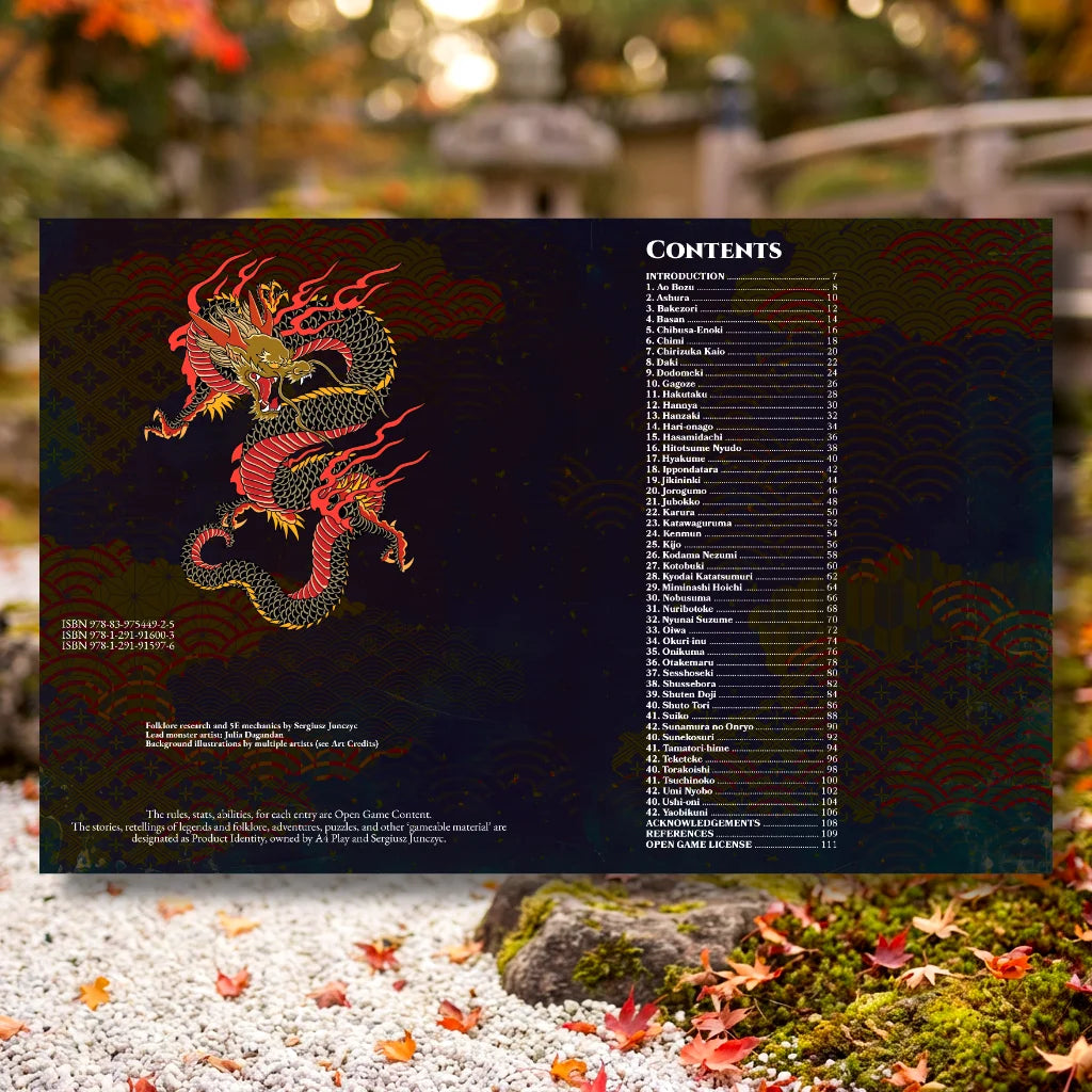 Book spread featuring the Yokai Bestiary 5E (Book Two) Contents, a unique dnd monster resource from the a4play.com collection. The left page shares an organized list of yokai monsters with their folklore origins, while the right page presents a guide to their detailed dnd 5e stat blocks and adventure hooks. Perfect for players and collectors searching for dnd books, dnd books 5e, dnd 5e books, d&d monster lore, dnd monsters, d and d monsters, and new dungeons and dragons monsters to  fernflowerpress.com