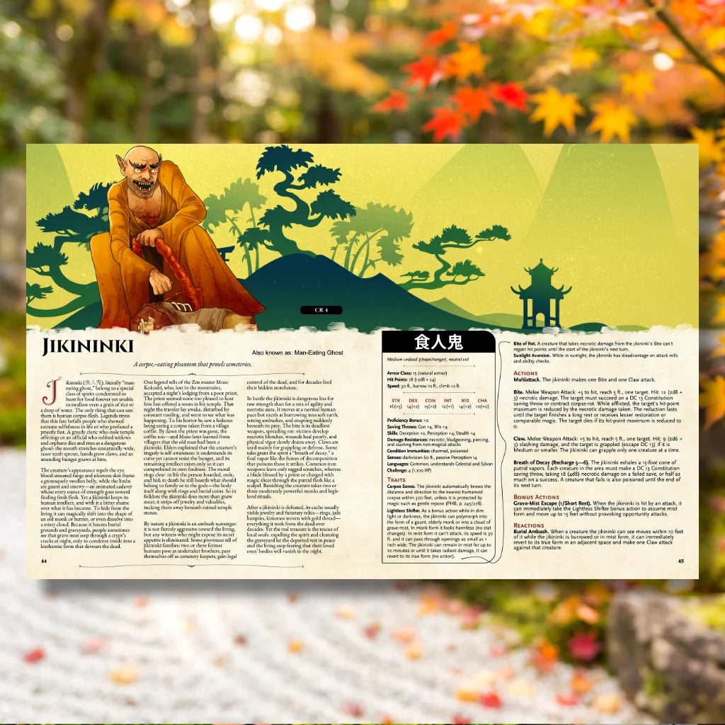 Book spread featuring Jikininki, a unique dnd monster from the Yokai Bestiary 5E (Book Two) dnd 5e book. The left page shares Jikininki’s legend, origins, and folklore, while the right page presents a detailed dnd 5e stat block and adventure hooks. Perfect for players and collectors searching for dnd books, dnd books 5e, dnd 5e books, d&d monster lore, dnd monsters, d and d monsters, and new dungeons and dragons monsters to expand their tabletop campaigns;  dnd Yokai, dnd5e Yokai, fernflowerpress.com