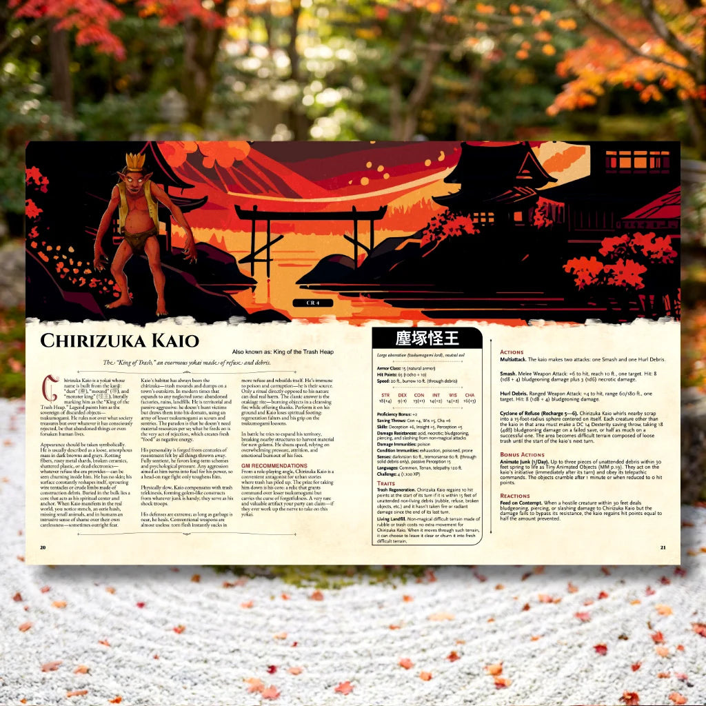 Book spread featuring Chirizuka Kaio, a unique dnd monster from the Yokai Bestiary 5E (Book Two) dnd 5e book. The left page shares Chirizuka Kaio’s legend, origins, and folklore, while the right page presents a detailed dnd 5e stat block and adventure hooks.  Perfect for players and collectors searching for dnd books, dnd books 5e, dnd 5e books, d&d monster lore, dnd monsters, d and d monsters, and new dungeons and dragons monsters to expand their tabletop campaigns;  dnd Yokai, dnd5e Yokai, fernflowerpress