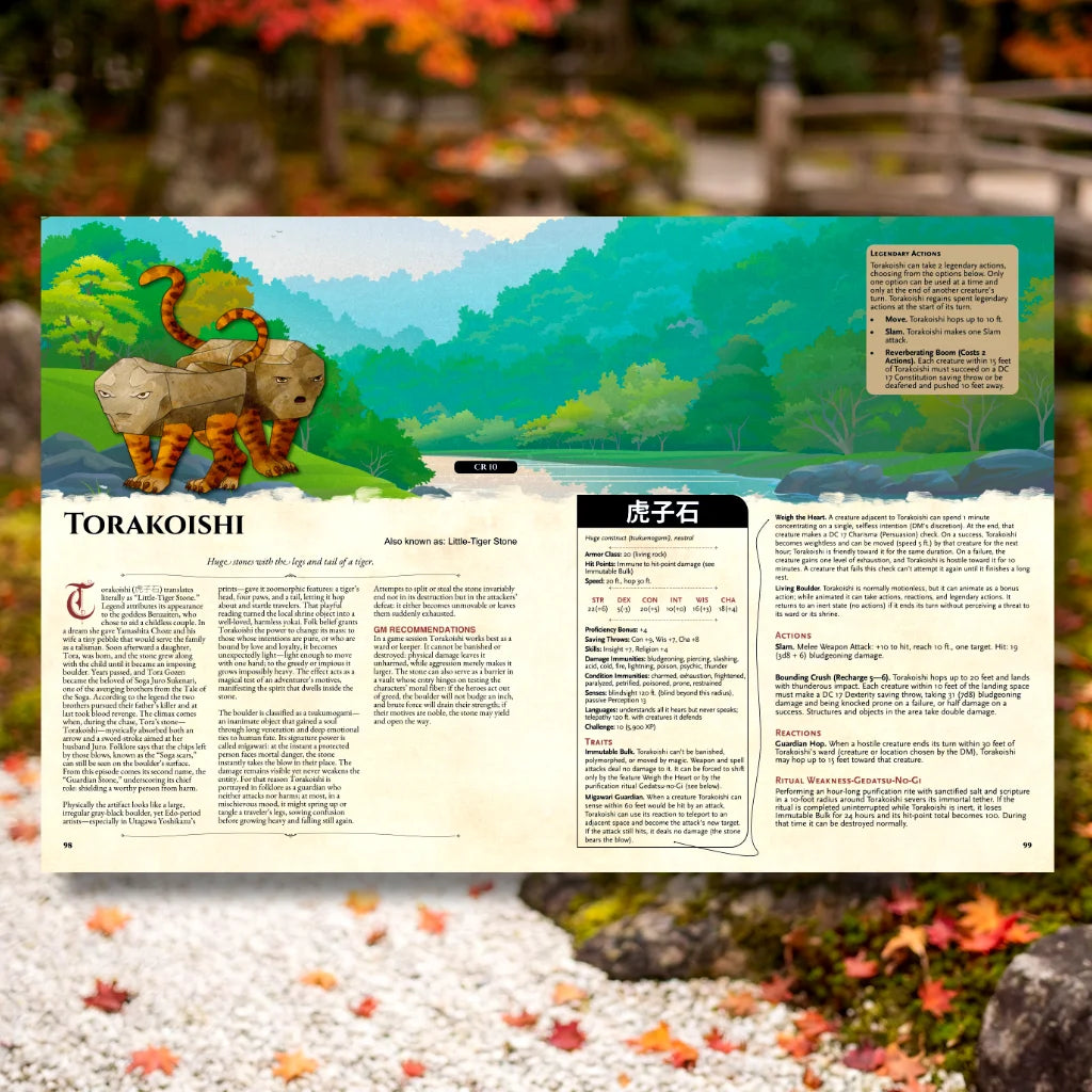 Book spread featuring Torakoishi, a unique dnd monster from the Yokai Bestiary 5E (Book Two) dnd 5e book. The left page shares Torakoishi’s legend, origins, and folklore, while the right page presents a detailed dnd 5e stat block and adventure hooks.  Perfect for players and collectors searching for dnd books, dnd books 5e, dnd 5e books, d&d monster lore, dnd monsters, d and d monsters, and new dungeons and dragons monsters to expand their tabletop campaigns;  dnd Yokai, dnd5e Yokai, fernflowerpress.com