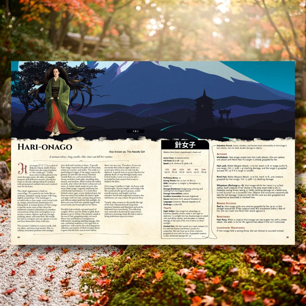 Book spread featuring Hari-onago, a unique dnd monster from the Yokai Bestiary 5E (Book Two) dnd 5e book. The left page shares Hari-onago’s legend, origins, and folklore, while the right page presents a detailed dnd 5e stat block and adventure hooks.  Perfect for players and collectors searching for dnd books, dnd books 5e, dnd 5e books, d&d monster lore, dnd monsters, d and d monsters, and new dungeons and dragons monsters to expand their tabletop campaigns;  dnd Yokai, dnd5e Yokai, fernflowerpress.com